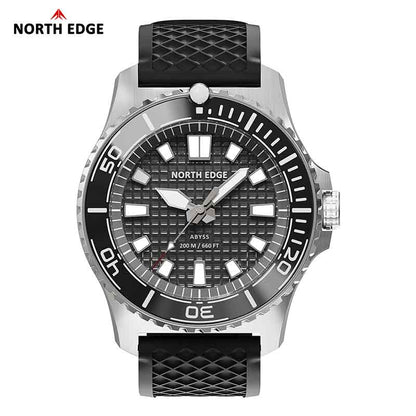 NORTH EDGE ABYSS Solar-Powered Watch for Men 316L Stainless Steel Case Ceramic Bezel Hardened Mineral Glass Ice-Textured Dial 200M Waterproof Diving Watch