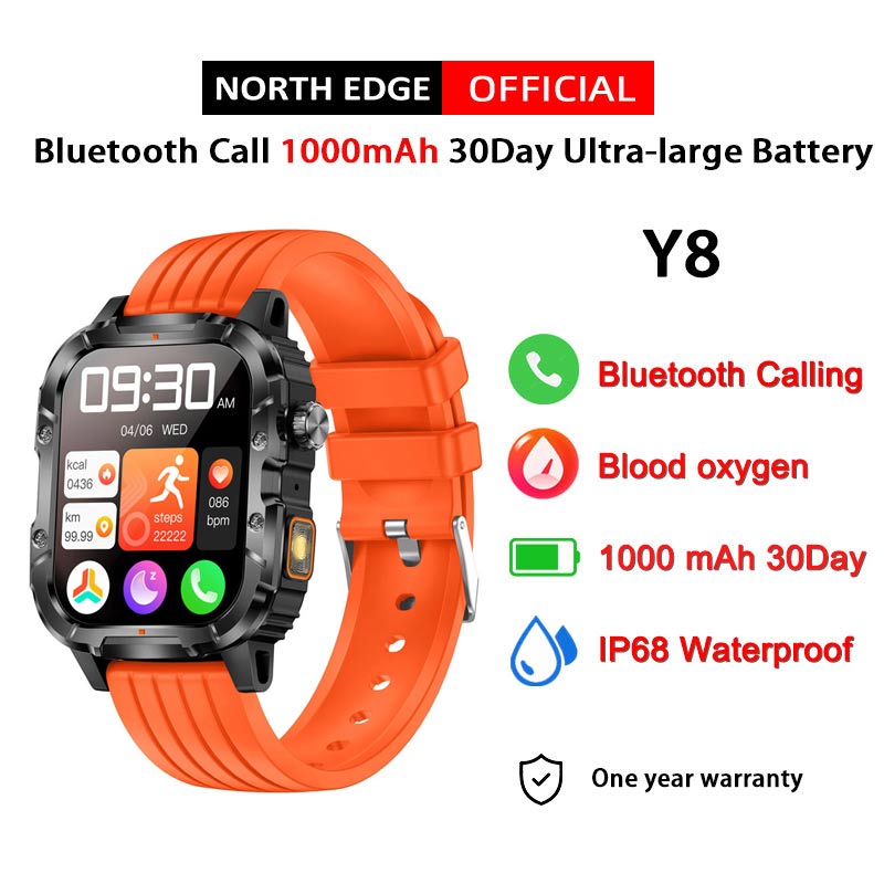 NROTH EDGE Y8 Smart Watch 1000mAh 30 Days Battery Bluetooth 5.4 Calling Music Heart Rate SpO2 Sleep Monitor IP68 Sports Watch