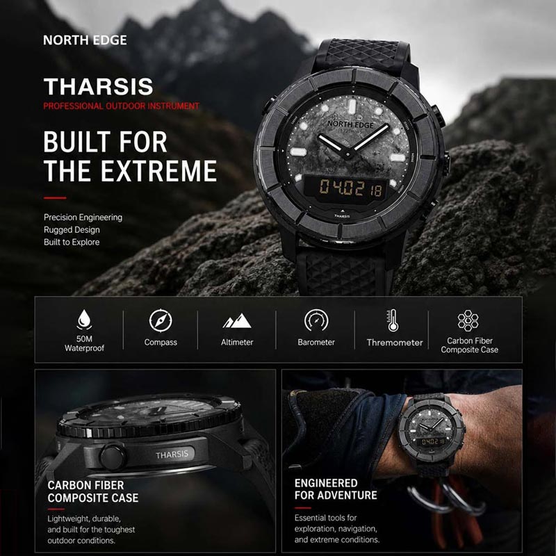 NORTH EDGE THARSIS Outdoor Tactical Digital Watch Carbon Fiber Case 304 Stainless Steel Bezel Barometer Mars-patterned 50M Waterproof Men's Watch