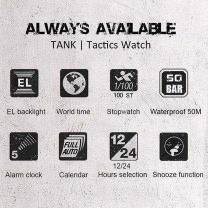 TANK Calendar Chronograph Mode Alarm Clock Waterproof 50M Sports Watch - NORTHEDGE