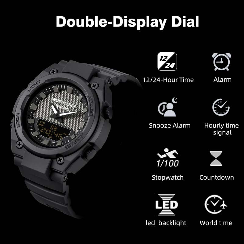 NORTH EDGE Tactical Digital Men's Watch Shockproof Case 50M Waterproof Dual Display Luminous Hands World Time Step Counter FORTERSS