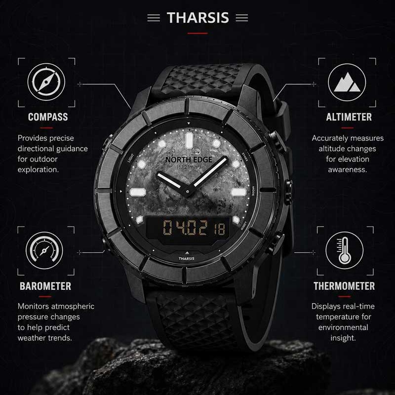 NORTH EDGE THARSIS Outdoor Tactical Digital Watch Carbon Fiber Case 304 Stainless Steel Bezel Barometer Mars-patterned 50M Waterproof Men's Watch