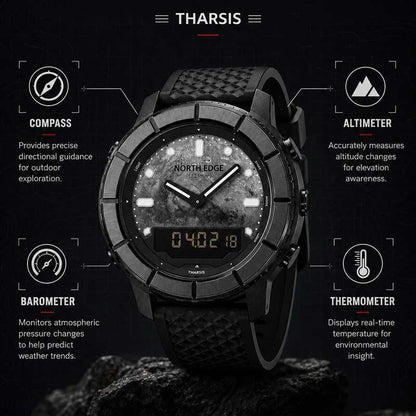 NORTH EDGE THARSIS Outdoor Tactical Digital Watch Carbon Fiber Case 304 Stainless Steel Bezel Barometer Mars-patterned 50M Waterproof Men's Watch