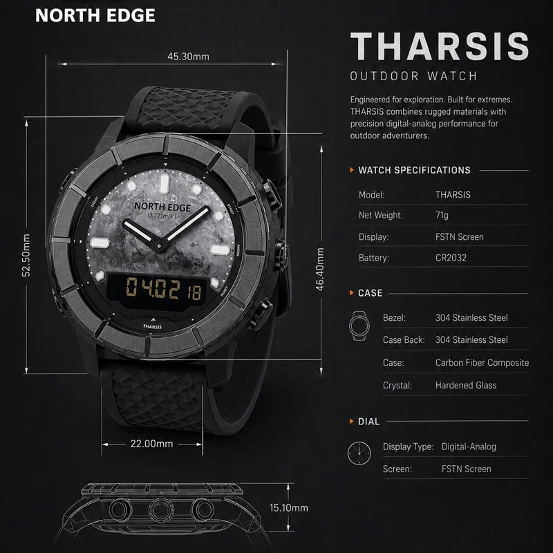 NORTH EDGE THARSIS Outdoor Tactical Digital Watch Carbon Fiber Case 304 Stainless Steel Bezel Barometer Mars-patterned 50M Waterproof Men's Watch