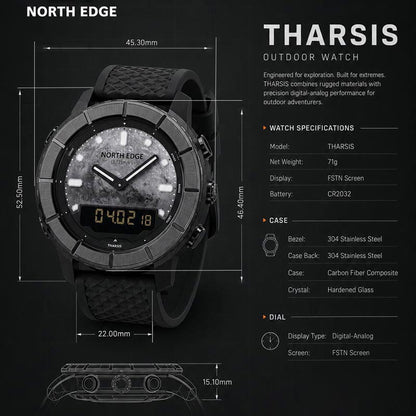 NORTH EDGE THARSIS Outdoor Tactical Digital Watch Carbon Fiber Case 304 Stainless Steel Bezel Barometer Mars-patterned 50M Waterproof Men's Watch