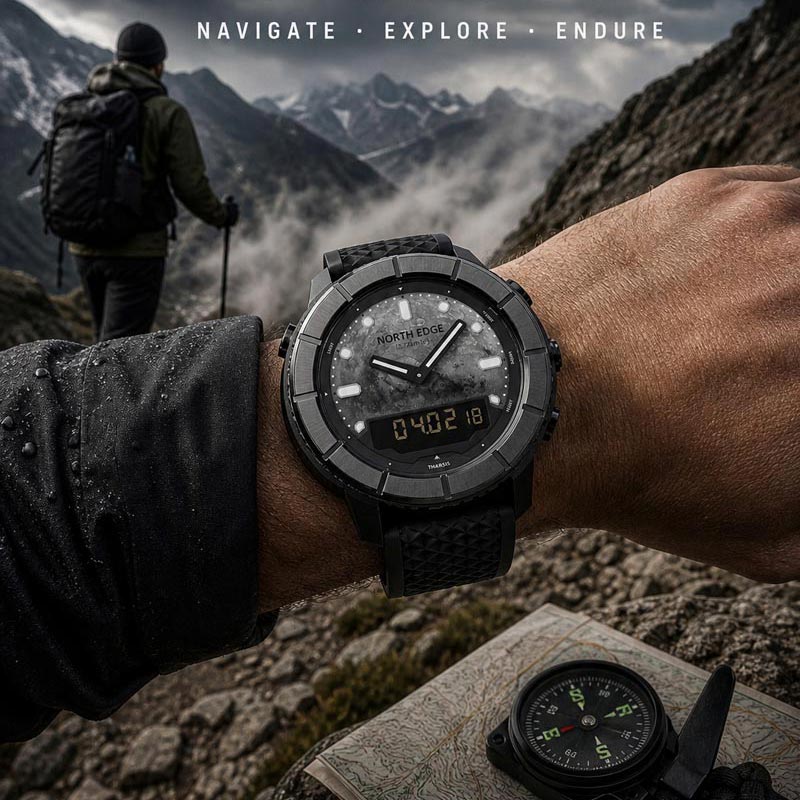 NORTH EDGE THARSIS Outdoor Tactical Digital Watch Carbon Fiber Case 304 Stainless Steel Bezel Barometer Mars-patterned 50M Waterproof Men's Watch