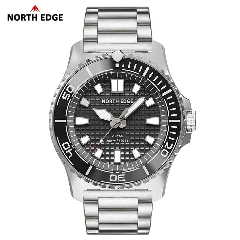 NORTH EDGE ABYSS Solar-Powered Watch for Men 316L Stainless Steel Case Ceramic Bezel Hardened Mineral Glass Ice-Textured Dial 200M Waterproof Diving Watch
