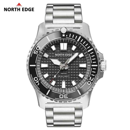 NORTH EDGE ABYSS Solar-Powered Watch for Men 316L Stainless Steel Case Ceramic Bezel Hardened Mineral Glass Ice-Textured Dial 200M Waterproof Diving Watch