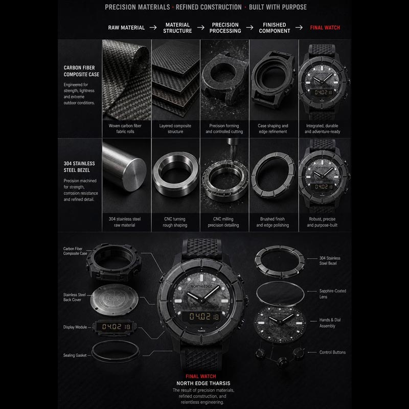 NORTH EDGE THARSIS Outdoor Tactical Digital Watch Carbon Fiber Case 304 Stainless Steel Bezel Barometer Mars-patterned 50M Waterproof Men's Watch