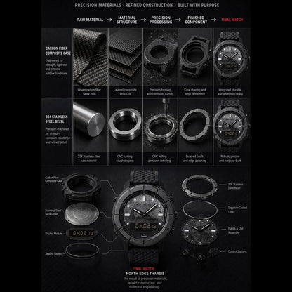 NORTH EDGE THARSIS Outdoor Tactical Digital Watch Carbon Fiber Case 304 Stainless Steel Bezel Barometer Mars-patterned 50M Waterproof Men's Watch