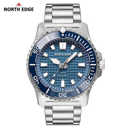 NORTH EDGE ABYSS Solar-Powered Watch for Men 316L Stainless Steel Case Ceramic Bezel Hardened Mineral Glass Ice-Textured Dial 200M Waterproof Diving Watch