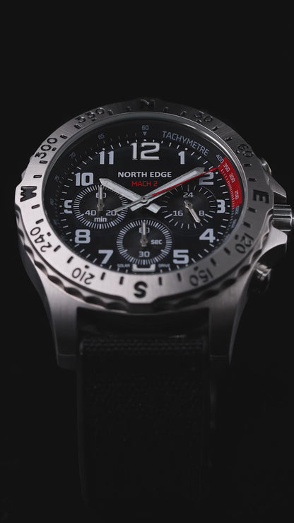 NORTH EDGE MACH 2 Solar Powered Watch 316L Case Three Timing Discs Night Light Pointer Men's Watch Waterproof